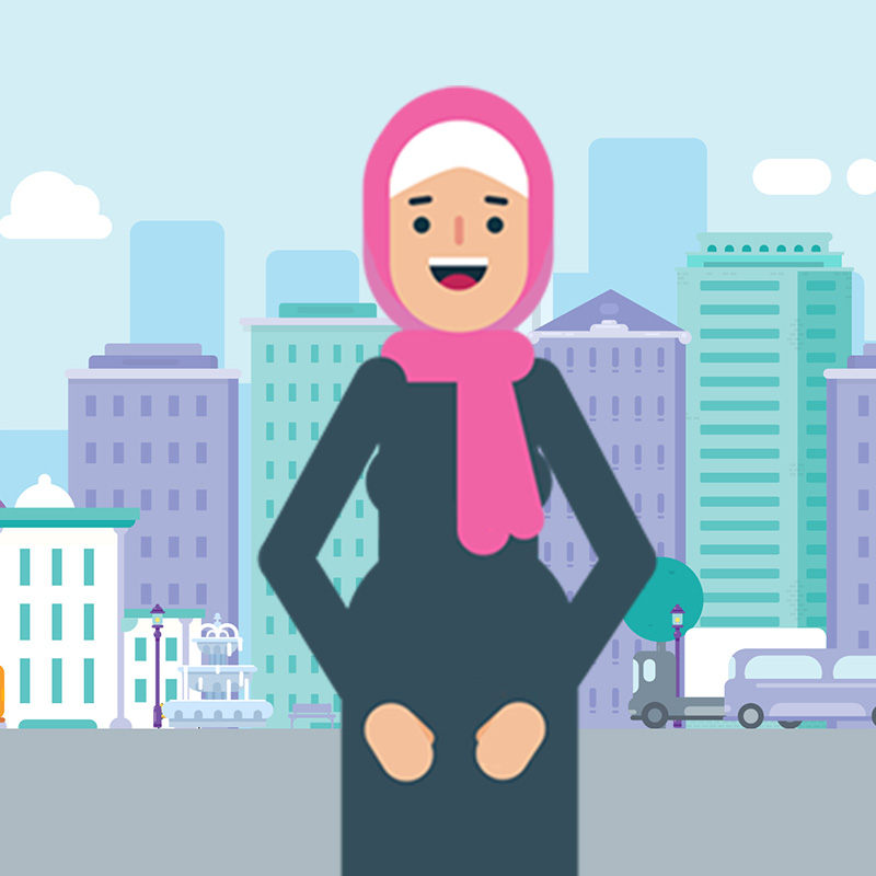 Smiling older woman wearing a head covering in cartoon style.